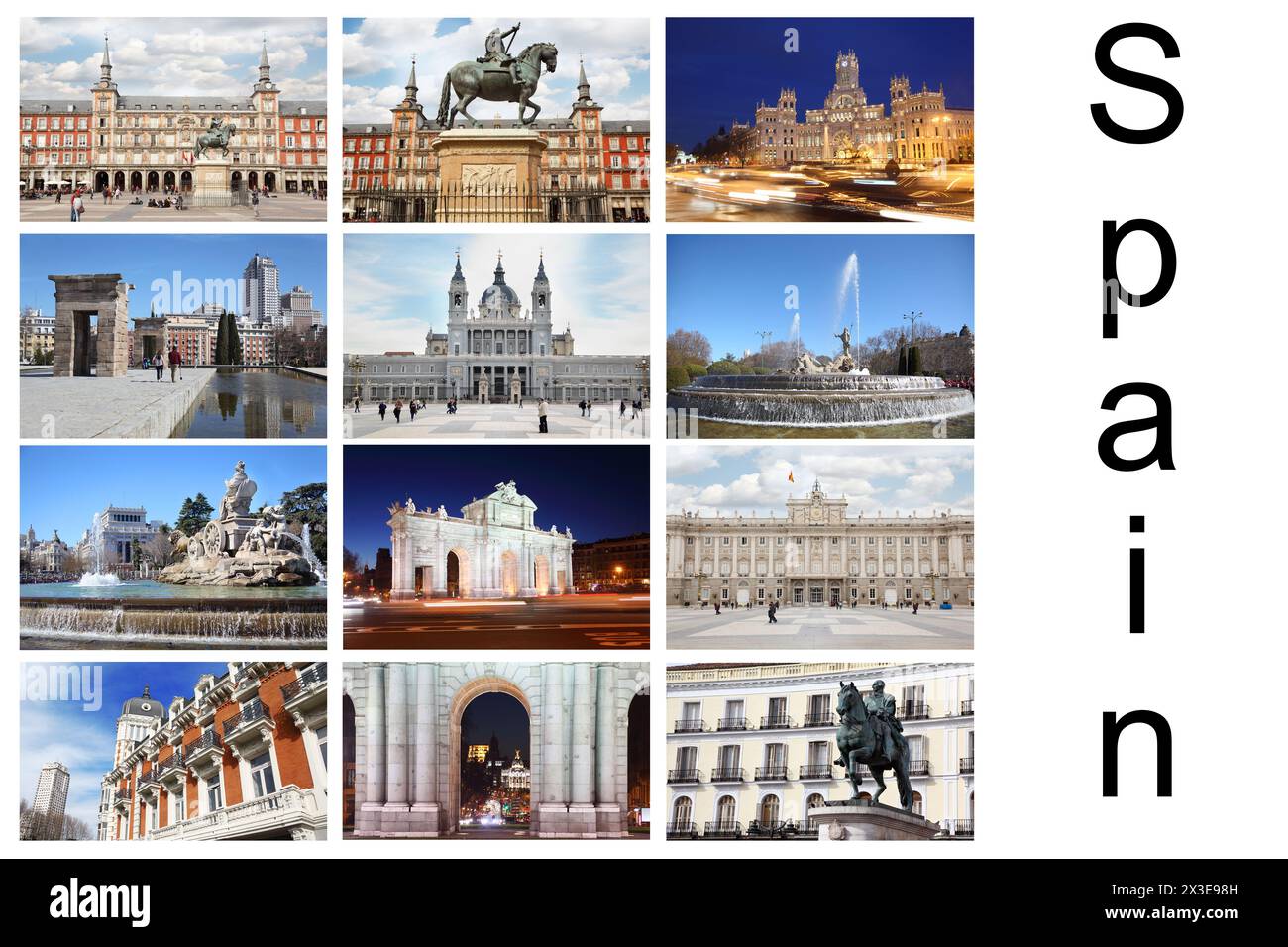 Collage mit Madrider Fotos - Plaza Mayor, Cibeles-Brunnen, Kathedrale von Nuestra Senora de la Almudena Stockfoto