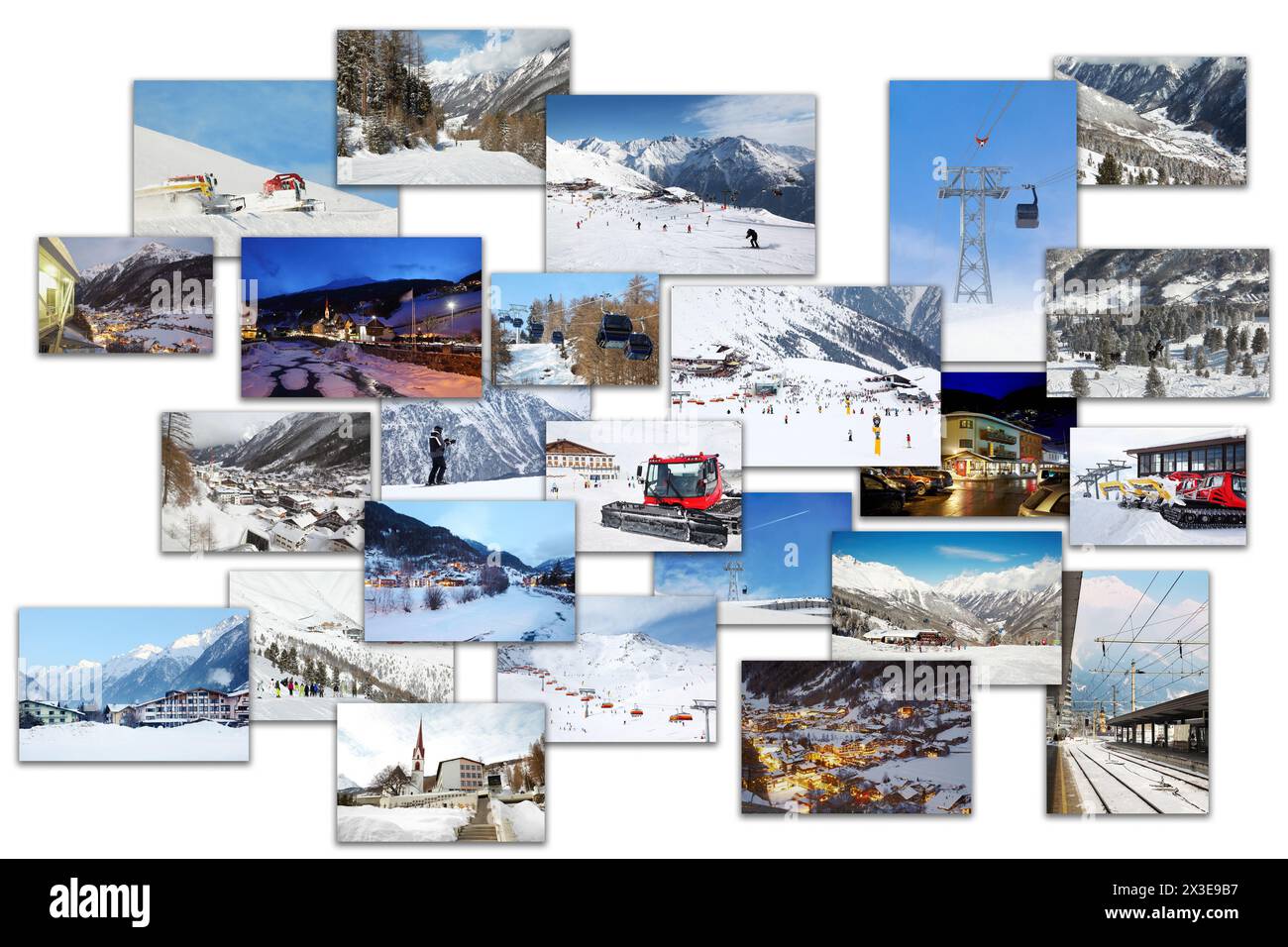 Collage mit alpinem Blick auf das Skigebiet Solden, Österreich - Standseilbahn, Skifahrer, Hütten Stockfoto