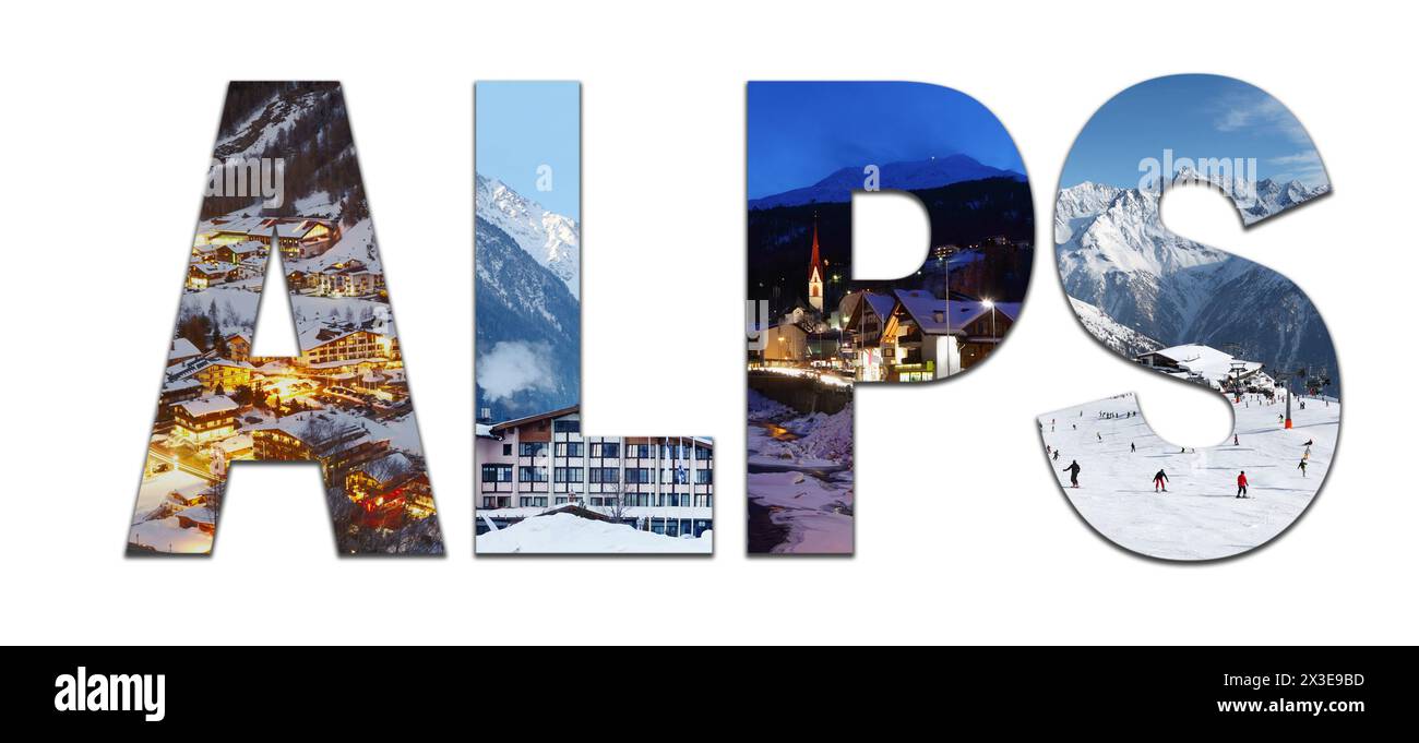 Collage mit Alpenbuchstaben mit Blick auf das Skigebiet Solden, Österreich Stockfoto