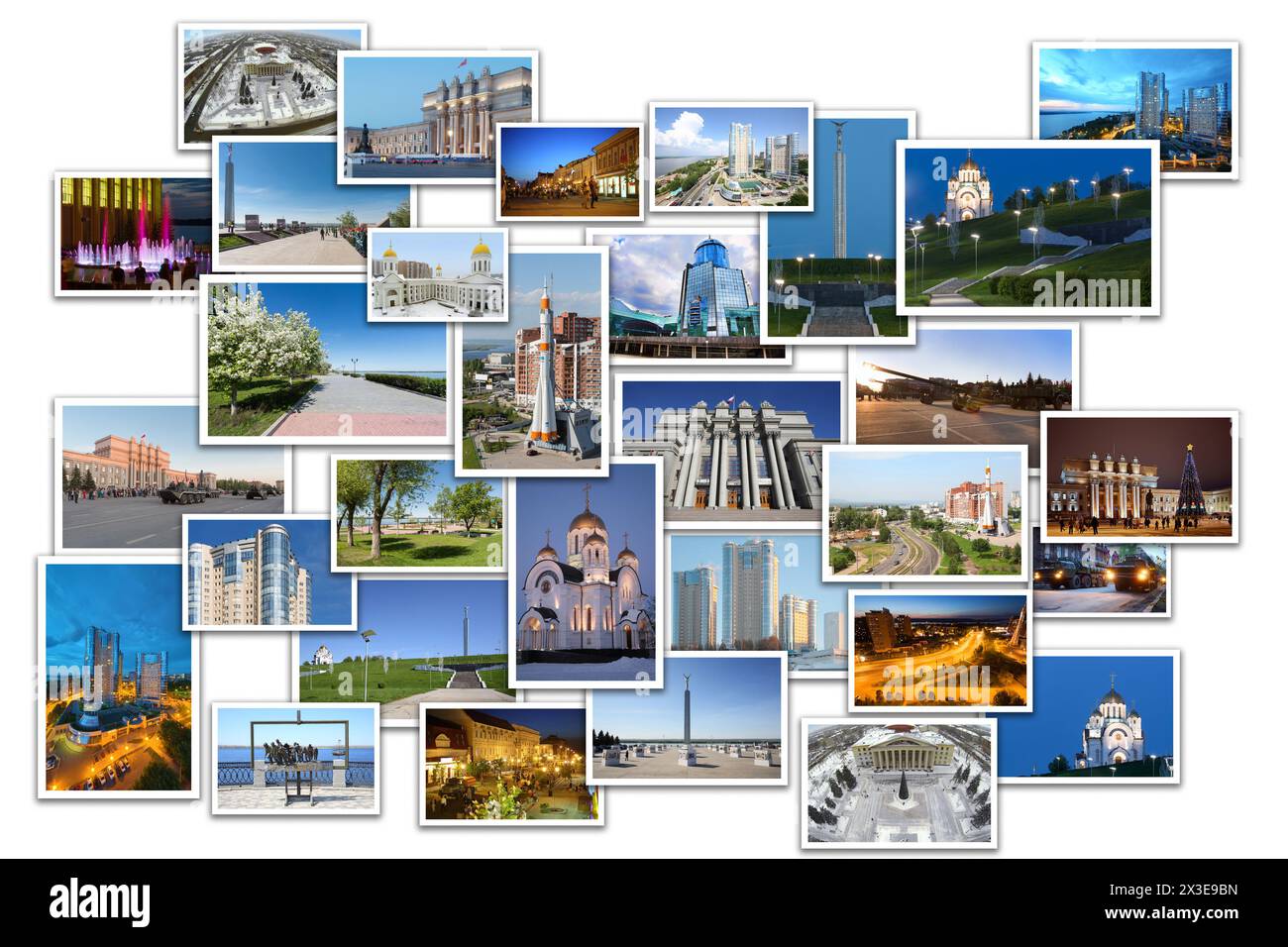 Collage mit Blick auf Samara (Russland) - Kathedrale Apostel Kyrill und Methodius, Akademisches Opern- und Balletttheater, Kirche St. George Stockfoto
