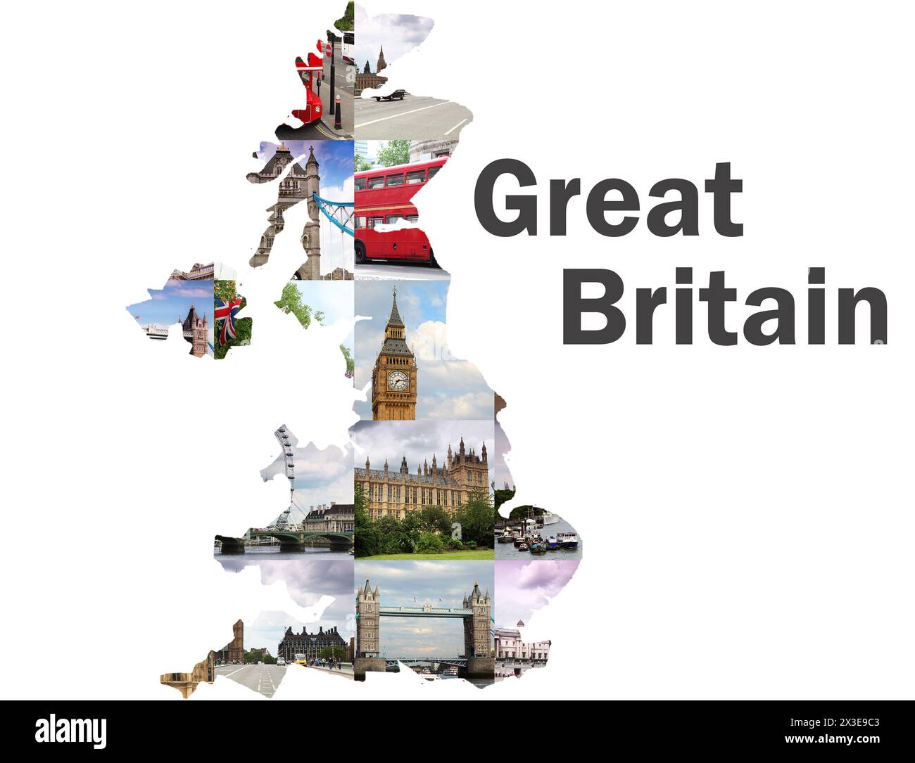 Karte pf England mit Blick auf London - Tower Bridge, Big Ben, Westminster Palace Stockfoto