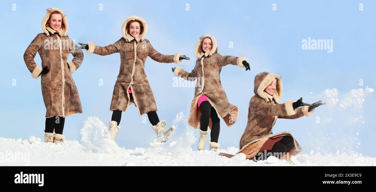 Vier Frauen posieren am Wintertag auf Schnee, Collage mit einem Model Stockfoto