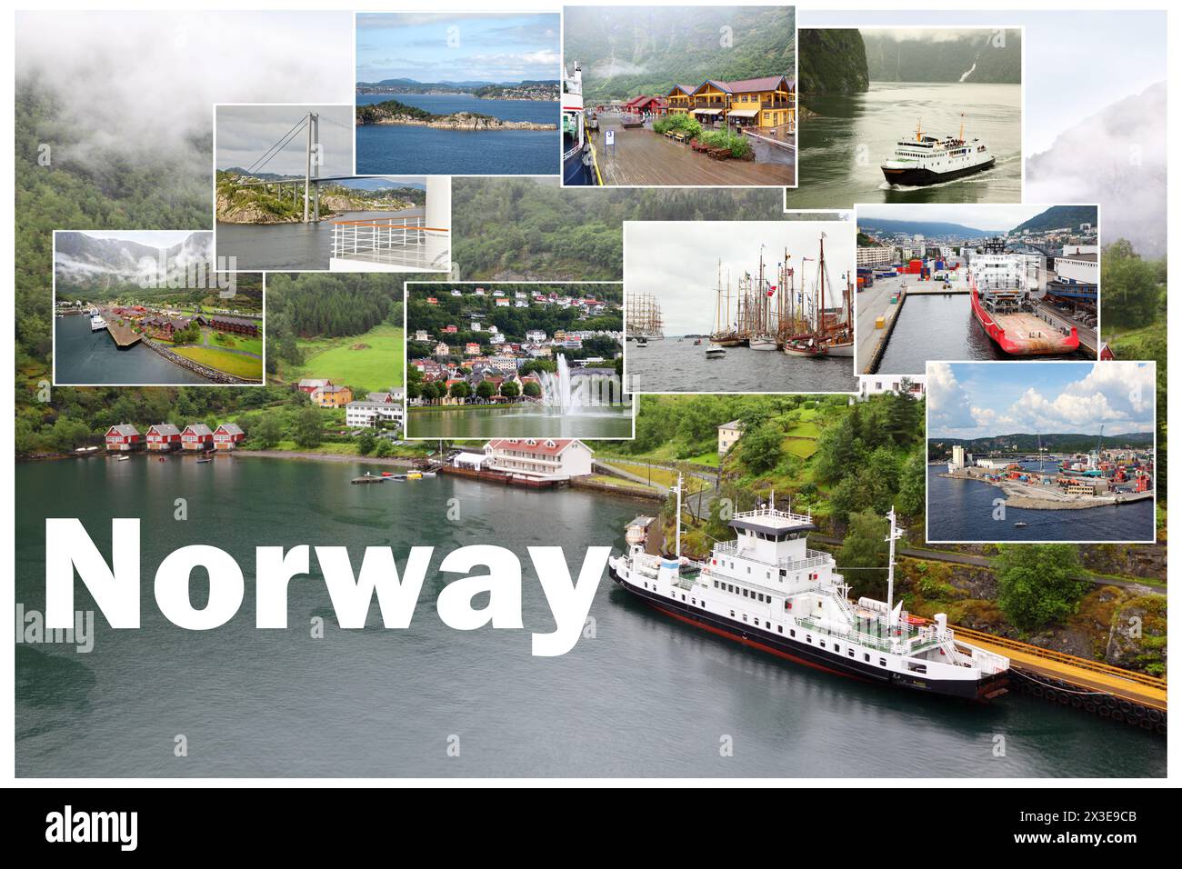 Collage mit Blick auf norwegische Fjorde - Berge, Schiffe, Küste Stockfoto