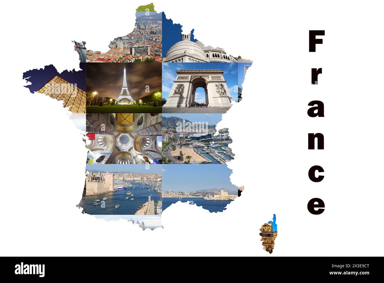 Collage mit Karte mit Blick auf Paris und Marseille - Eiffelturm, Triumphbogen, Küste Stockfoto
