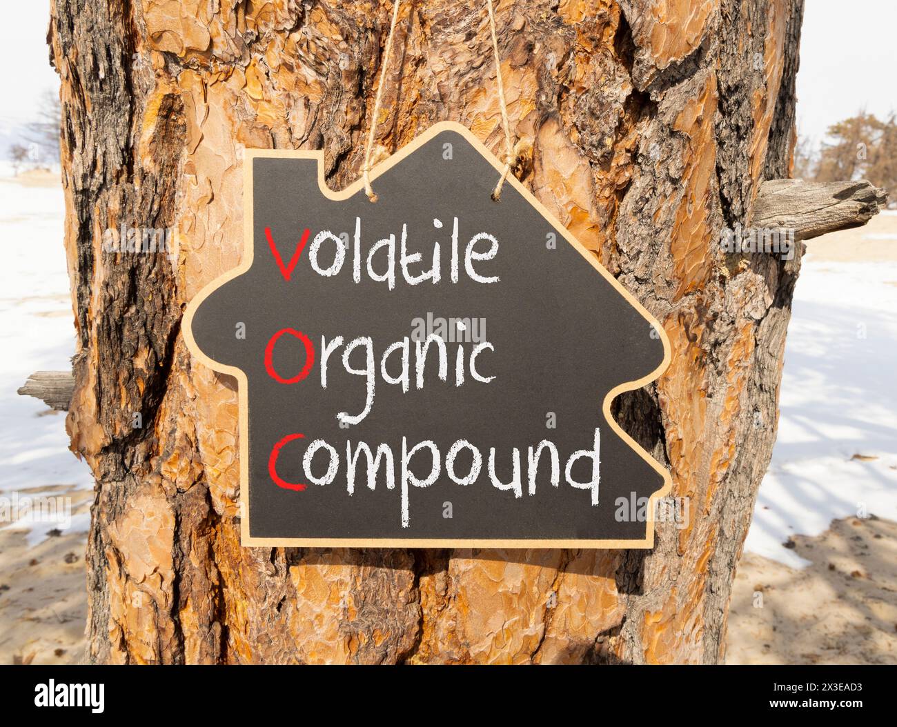 VOC-Symbol für flüchtige organische Verbindungen. Konzeptworte VOC flüchtige organische Verbindung auf schöner gelber Tafel. Wunderschöner Baumhintergrund. Unternehmen Stockfoto
