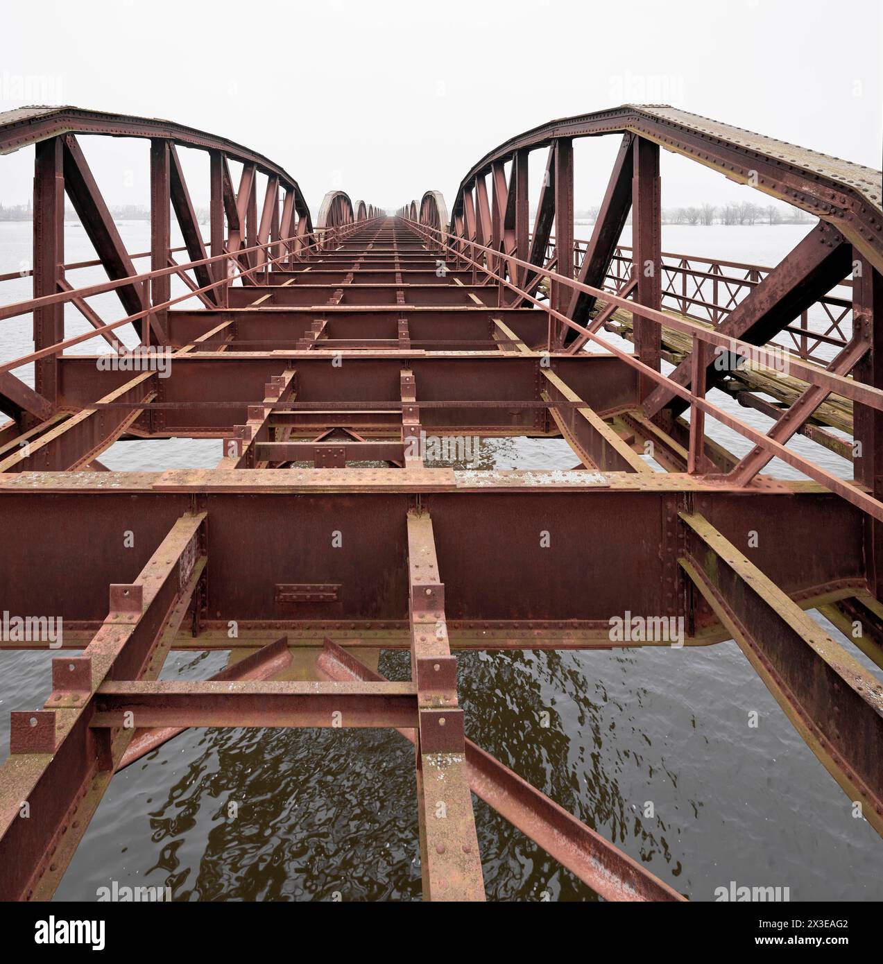 Industriekultur, Baudenkmal, ehemalige innerdeutsche Grenze, alte Eisenbahnbrücke Dömitz an der Elbe bei Hochwasser, Metallgerippe der Brückenkonstruktion historische Infrastruktur *** Industriekultur, Baudenkmal, ehemalige innerdeutsche Grenze, alte Dömitz-Eisenbahnbrücke an der Elbe bei Hochwasser, Metallskelett der Brückenkonstruktion historische Infrastruktur Stockfoto
