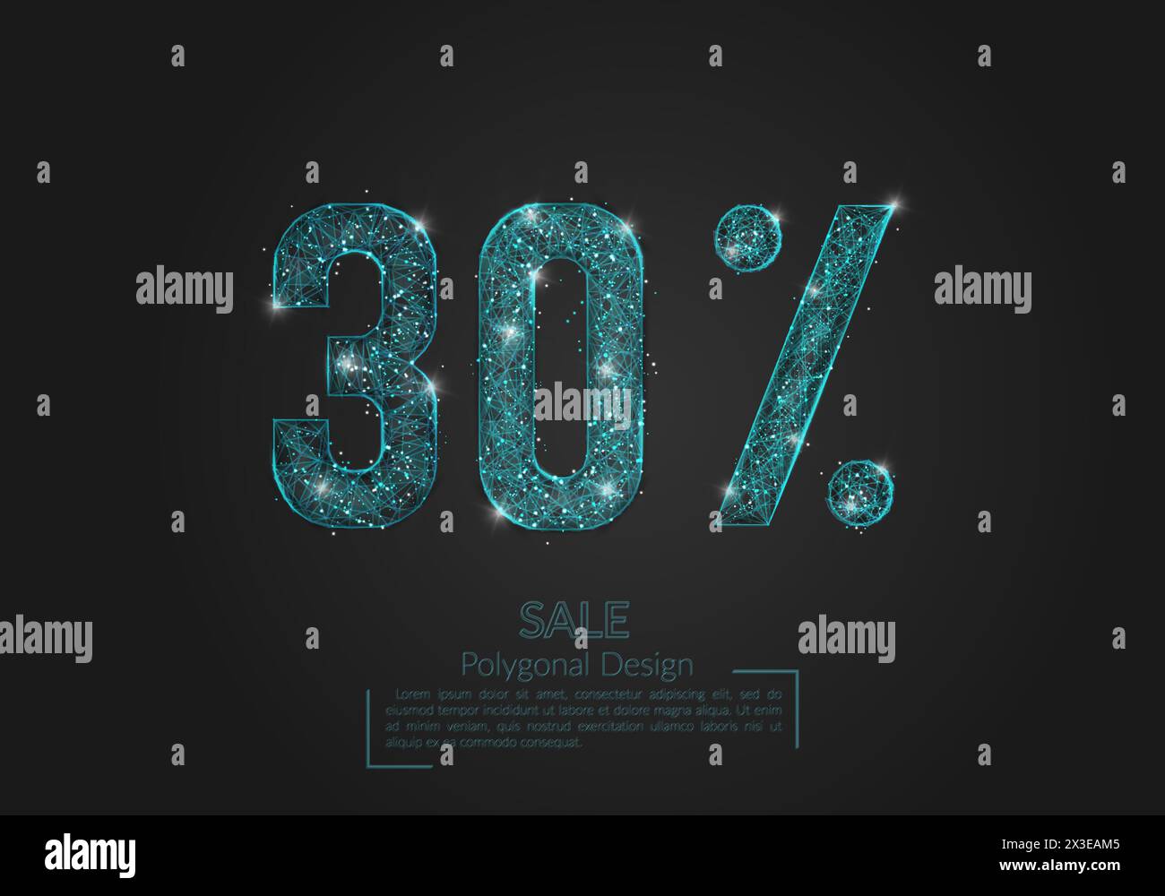 Abstraktes isoliertes blaues 30-Prozent-Verkaufskonzept. Polygonale Illustration sieht aus wie Sterne am Lästelnachthimmel in Spase oder fliegenden Glassplittern. Digita Stock Vektor