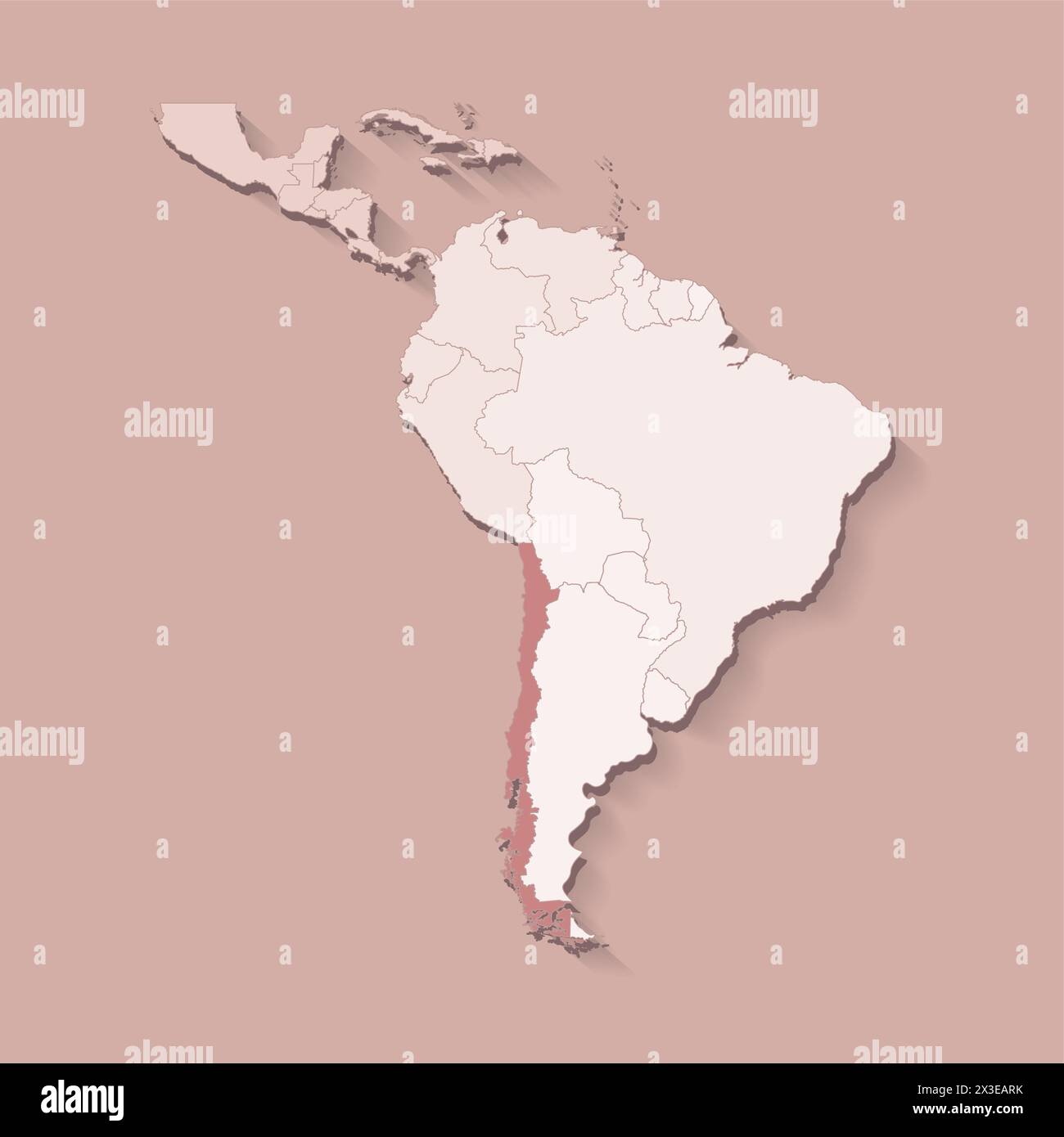 Vektor-Illustration mit Südamerika Land mit Grenzen von staaten und markiertem Land Chile. Politische Karte in braunen Farben mit Regionen. Beige Backgro Stock Vektor