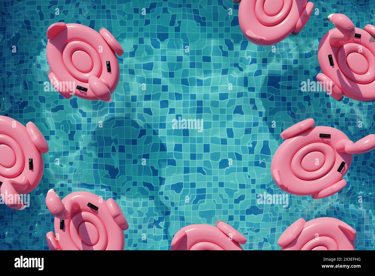 Flamingo schwimmt im Swimmingpool. Sommerparty am Swimmingpool. 3D-Rendering. Draufsicht Stockfoto