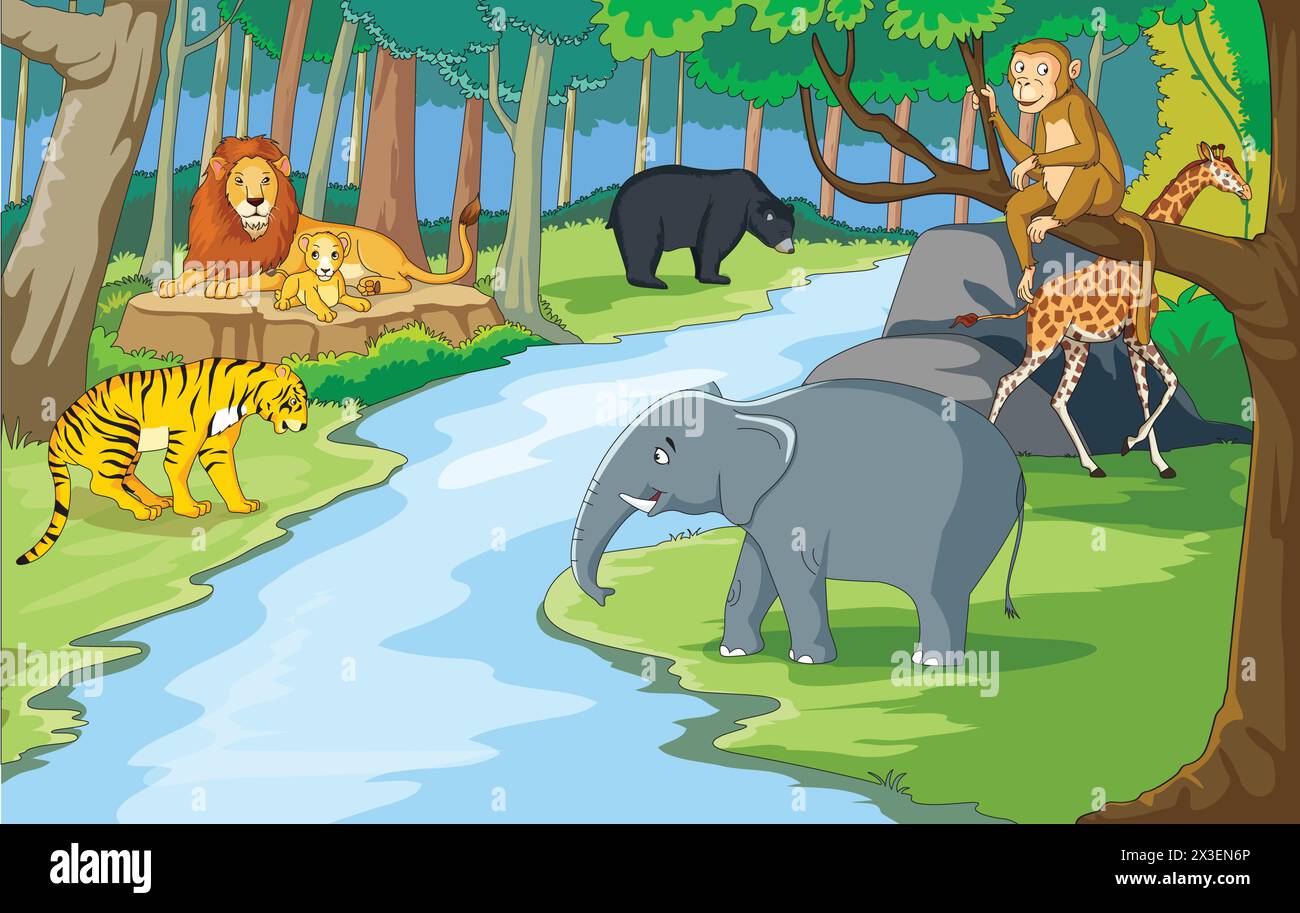 Viele verschiedene Tiere in der Waldszene Vektor-Illustration Stock Vektor