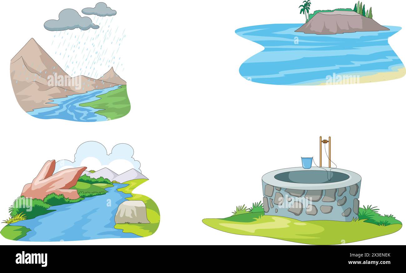 Quellen von Wasser Regen Ozean Fluss und Brunnen Vektor Illustration Stock Vektor