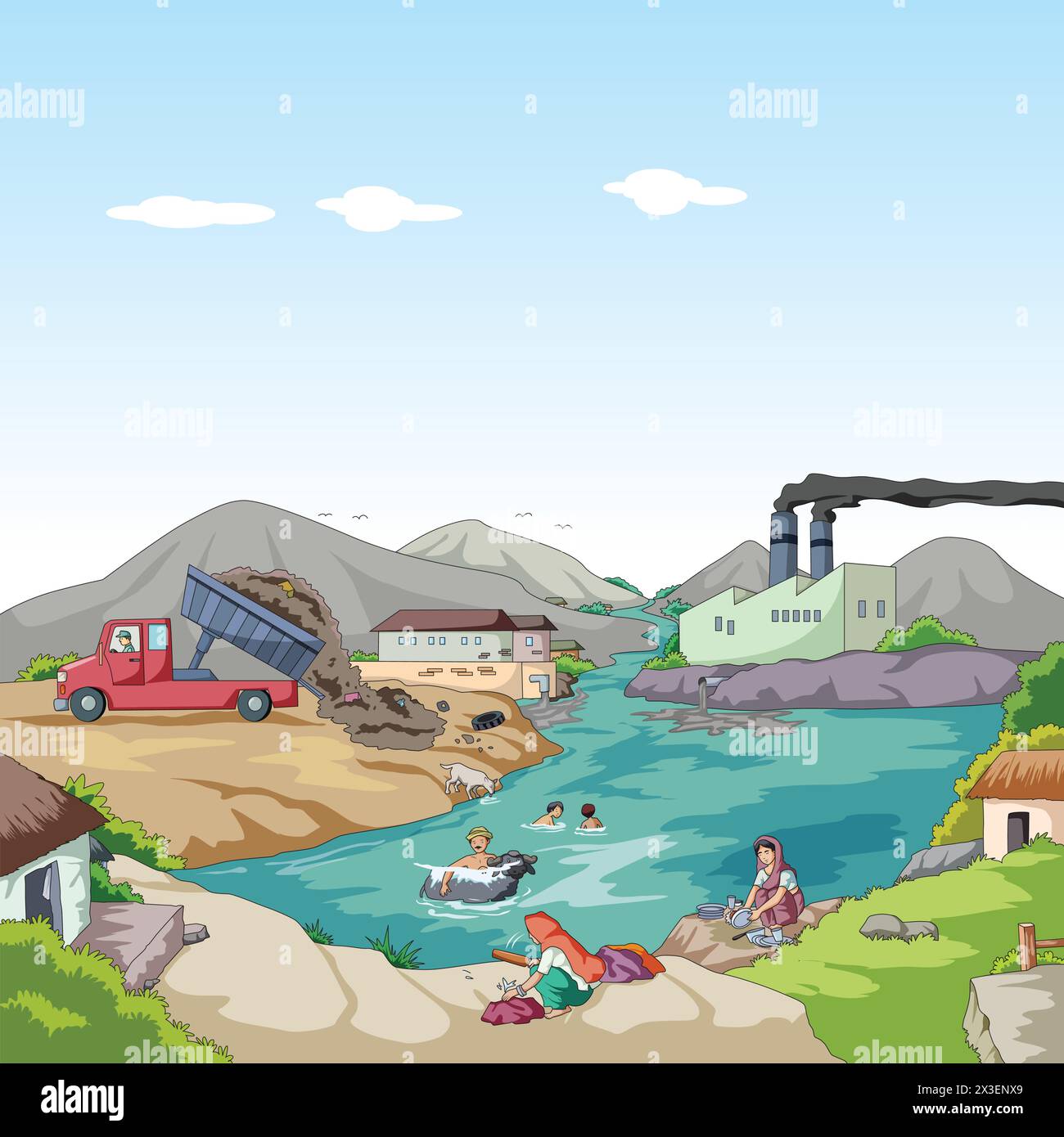 Flusswasserverschmutzung Vektor-Illustration Stock Vektor