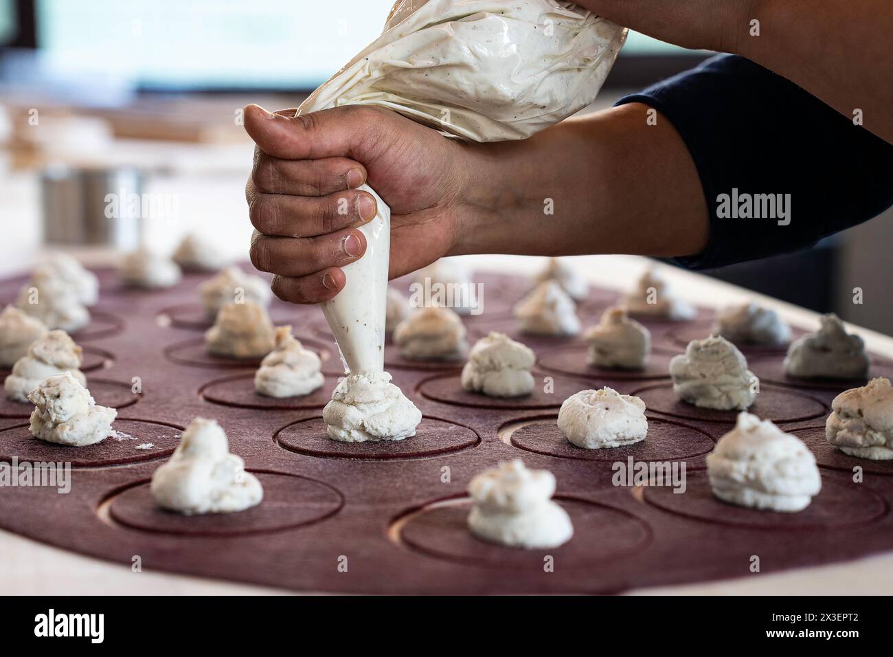 Handwerkliche Meisterschaft bei der Herstellung italienischer Tortello, Rote-Bete-Pasta trifft auf Ricotta. Die Hände des Küchenchefs verkörpern gekonnt das Herz der Gourmet-Tradition. Stockfoto
