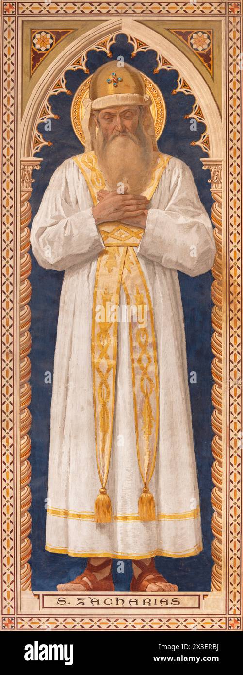 MAILAND, ITALIEN - 6. MÄRZ 2024: Das neogotische Fresko von St. Sachariah in der Kirche Chiesa di Santa Maria del Carmine von Osvaldo Bignami Stockfoto