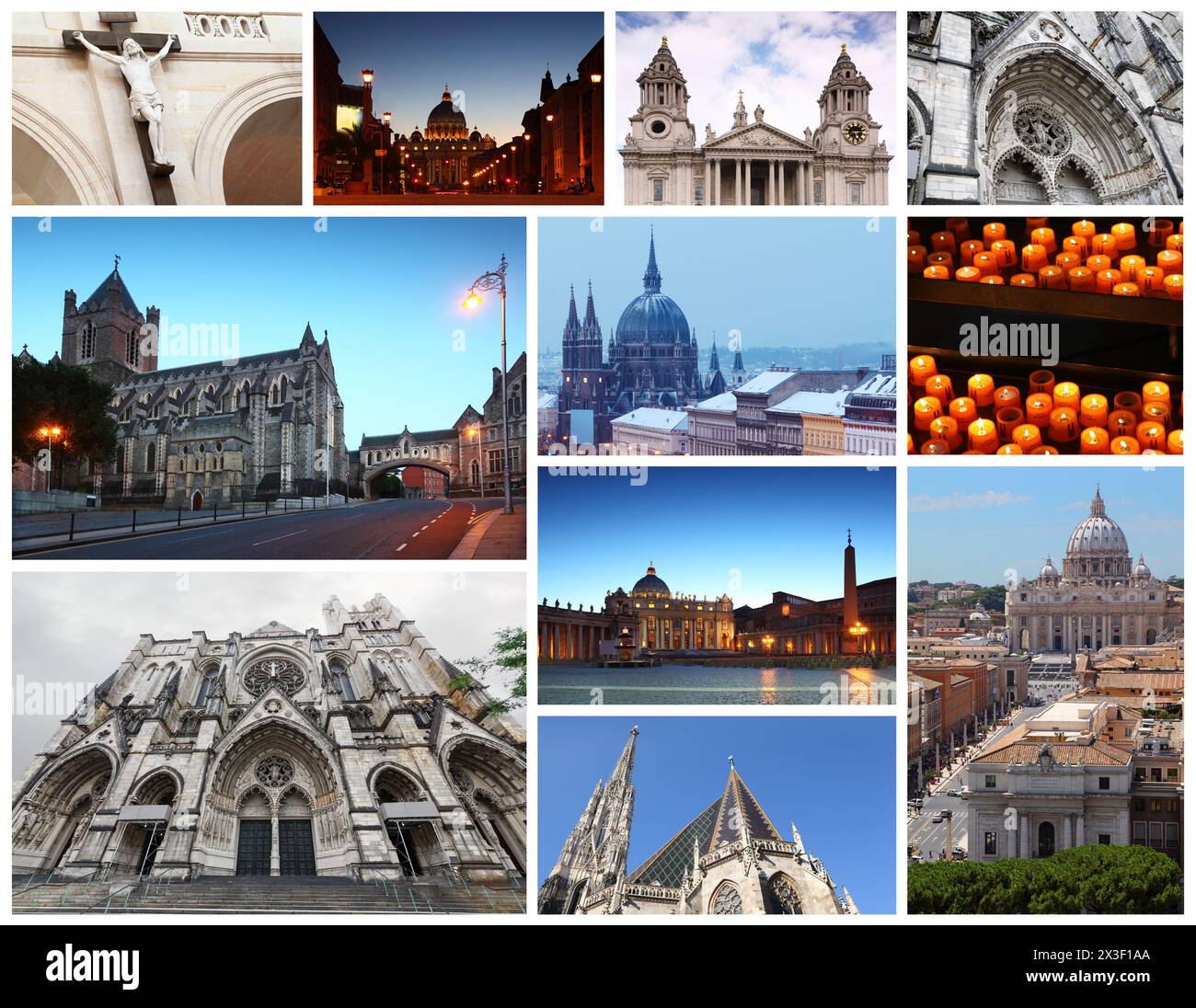 Collage mit wunderschönen katholischen Kathedralen, Innenräumen, Marienstatue Stockfoto