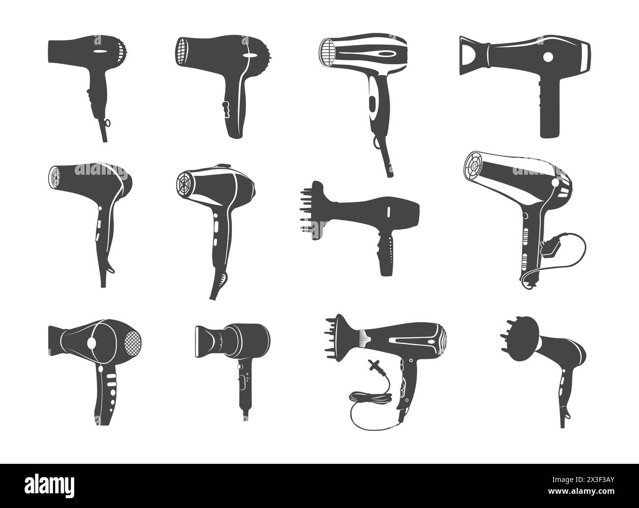Haartrockner Silhouette, Haartrockner Silhouette, Haartrockner, Friseur Werkzeuge, Föhn Gebläse, Föhn, Föhn Vektor Illustration. Stock Vektor
