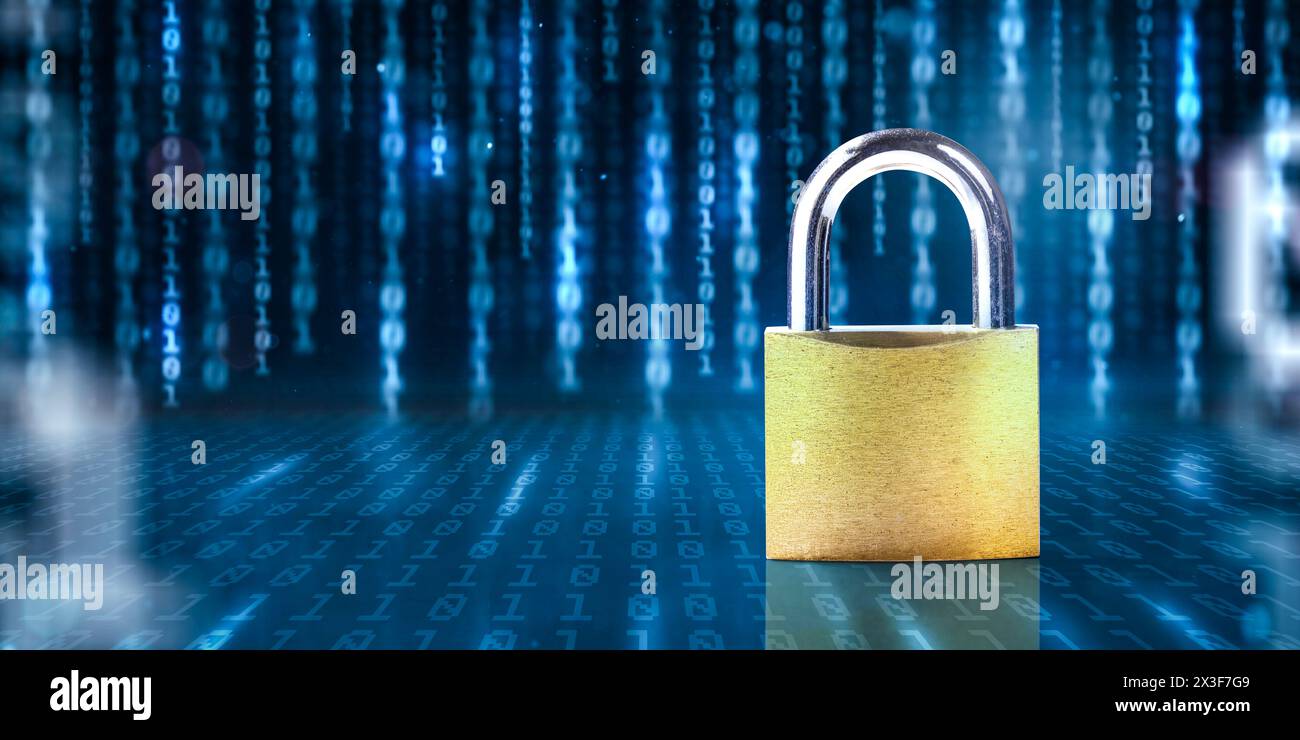 Cybersicherheitskonzept mit einem Vorhängeschloss, umgeben von Binärcode Stockfoto