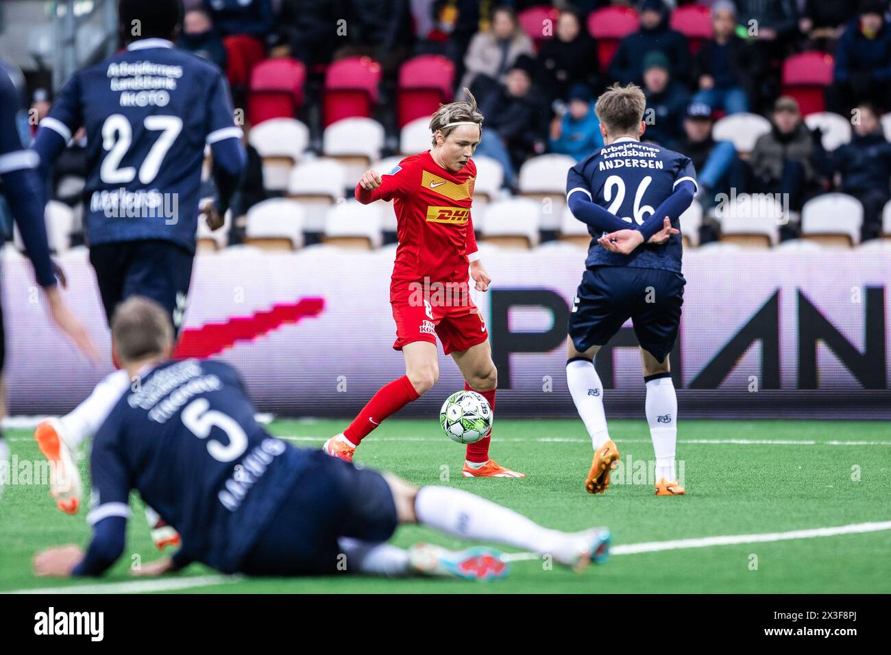 Farum, Dänemark. April 2024. Andreas Schjelderup (8) vom FC Nordsjaelland, der während des 3F Superliga-Spiels zwischen dem FC Nordsjaelland und Aarhus GF auf der rechten Seite zum Dream Park in Farum zu sehen war. (Foto: Gonzales Photo - Dejan Obretkovic). Stockfoto