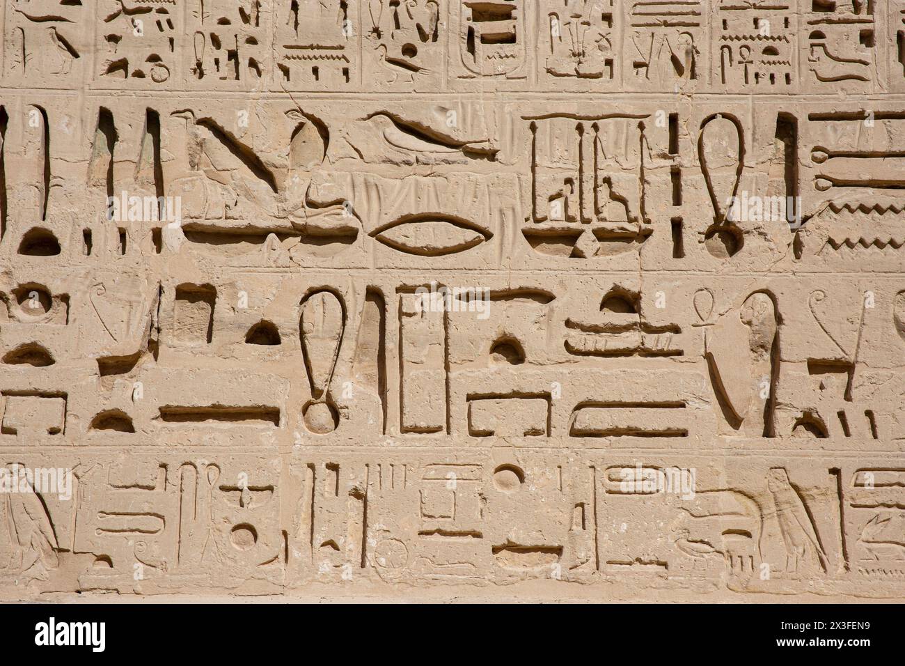 Hieroglyphen an der Mauer von Medinet Habu am Westufer von Luxor, Ägypten Stockfoto