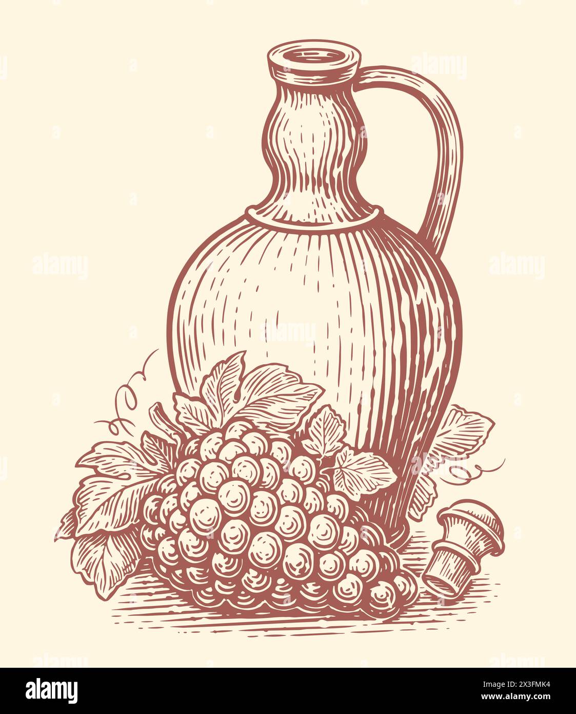 Tonkrug mit Weingetränk und Trauben. Weinherstellung, Skizze des Weinguts. Handgezeichnete Vintage-Vektor-Illustration Stock Vektor