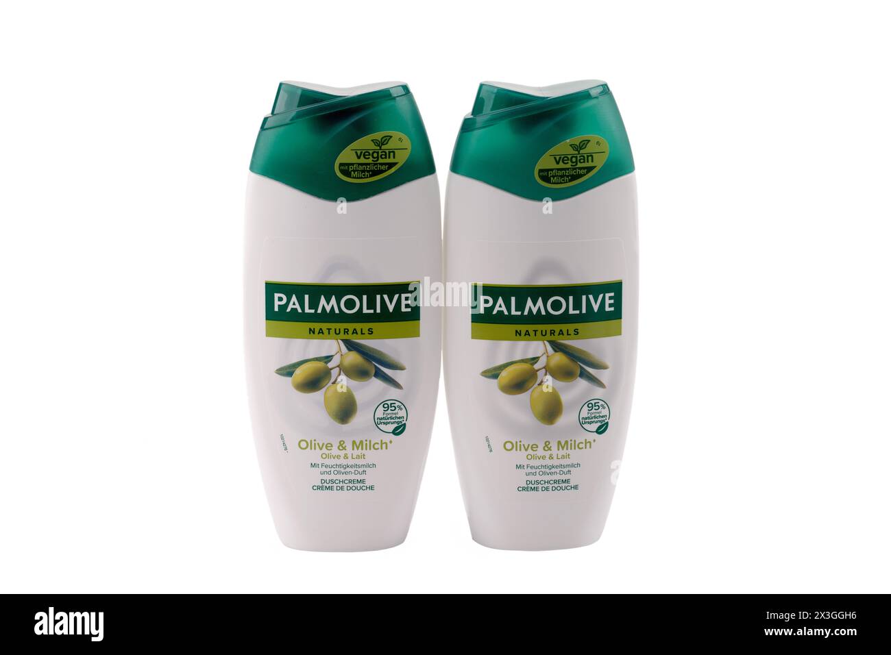 HUETTENBERG, DEUTSCHLAND - 18. MÄRZ 2024: Produkt der Marke PALMOLIVE Duschgel Flaschen auf weißem Hintergrund. Stockfoto HUETTENBERG, DEUTSCHLAND - 18. MÄRZ 2024: Produkt der Marke PALMOLIVE Duschgel Flaschen auf weißem Hintergrund. Stockfoto