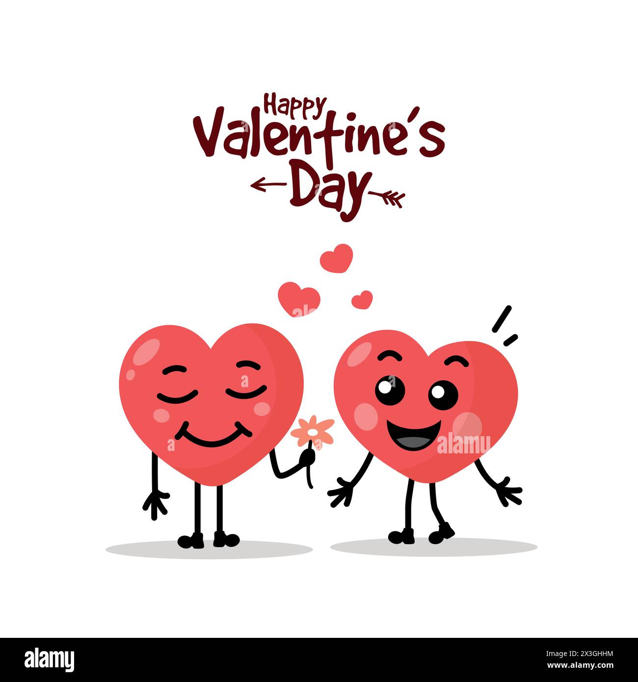 Zwei fröhliche Herzen auf weißem Hintergrund. Cartoon Heart Kollektion. Frohes Valentinstag-Banner, Poster, Postkarte, Flyer. Vektordarstellung. Stock Vektor