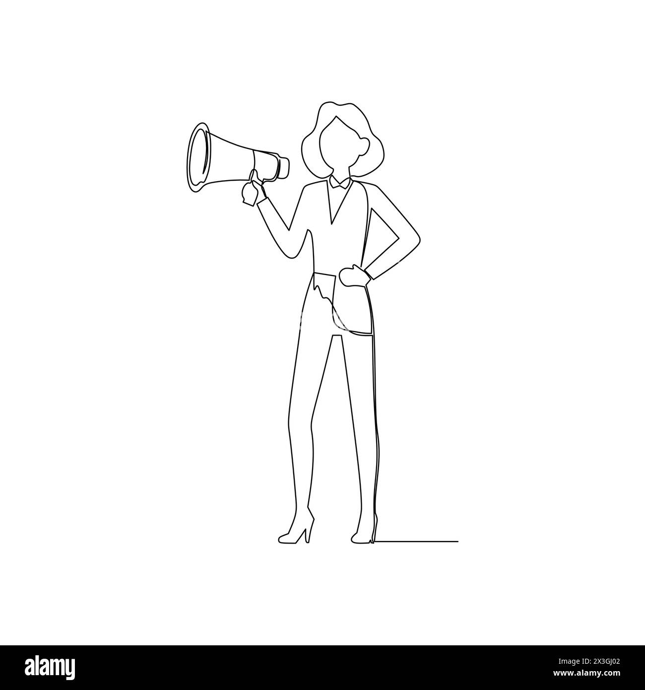 Fortlaufende Linienzeichnung einer Geschäftsfrau mit Megaphon, um Nachrichten zu vermitteln, offene Stellen für die Einstellung anzukündigen, Beförderungen zu schreien oder Firmenkommando zu rufen Stock Vektor
