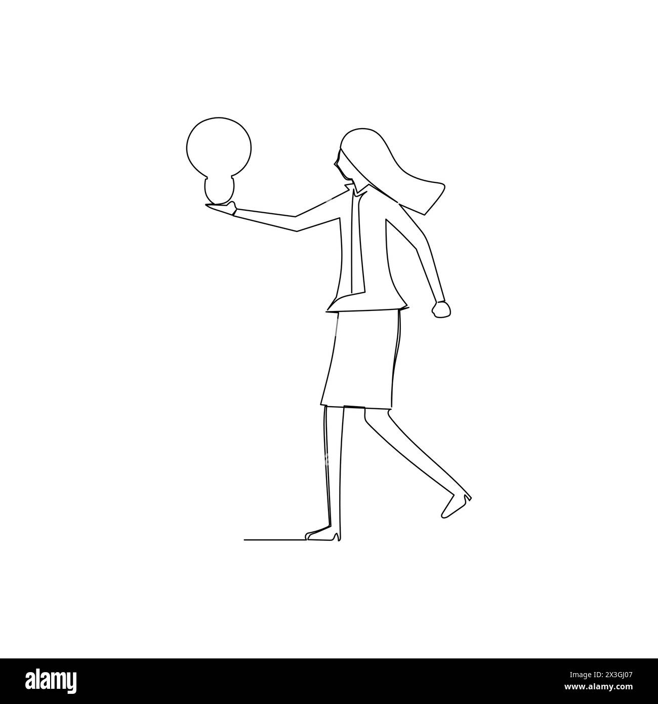 Geschäftsfrau, die eine Glühbirne hält. Einfache, von Hand gezeichnete, durchgehende Linienzeichnung für geschäftliche Illustration und Konzeptdesign Stock Vektor