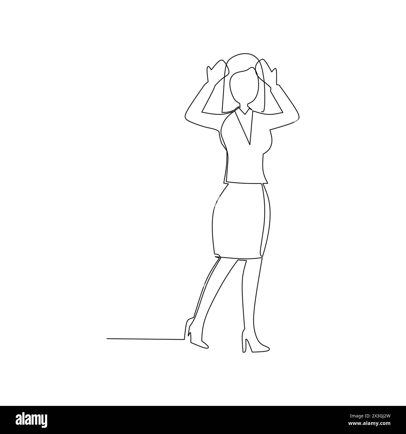 Fortlaufende Linienzeichnung einer Geschäftsfrau, die den Kopf hält. Darstellung von Stress in der Arbeit. Geschäftskonzept. Stock Vektor