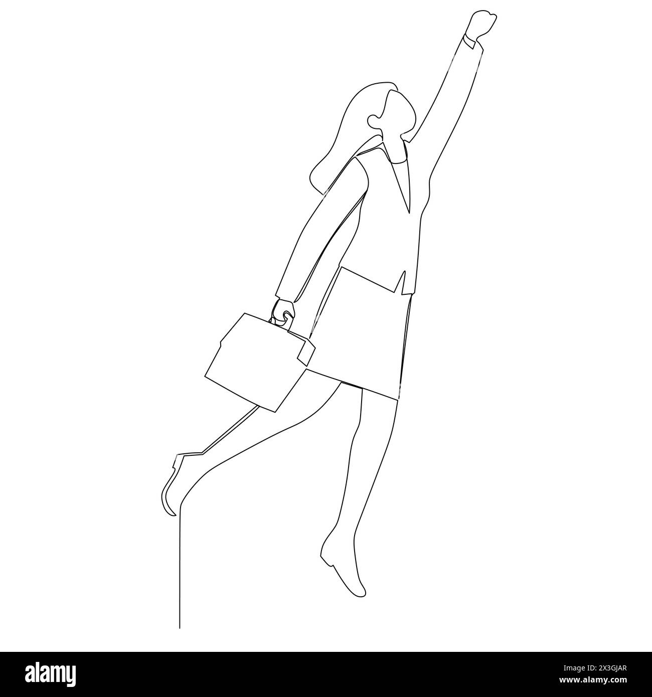Fortlaufende, einfache, abstrakte Linienzeichnung einer glücklichen Geschäftsfrau mit Aktenkoffer, die in einem hohen Bereich gefangen ist. Fortschrittliches Geschäftskonzept Stock Vektor