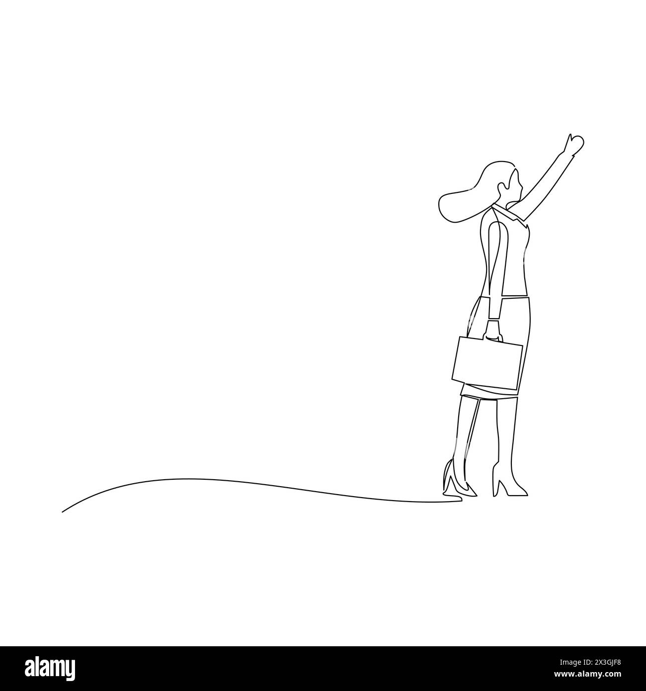 Durchgehende Einzeilenzeichnung einer glücklichen Geschäftsfrau mit Aktenkoffer. Erreichung und Entwicklung von Karrierezielen im Unternehmen Stock Vektor