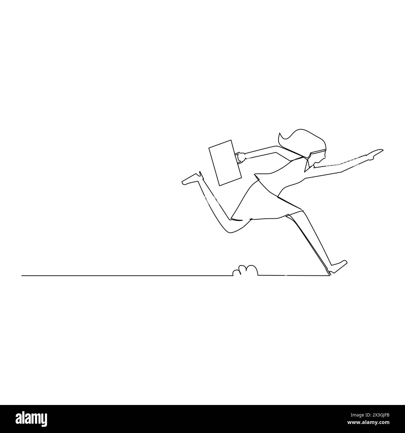 Durchgehende Linienzeichnung einer Frau mit einem laufenden Aktenkoffer. Spirit in Business Concept. Vektorillustration auf weißem Hintergrund. Stock Vektor