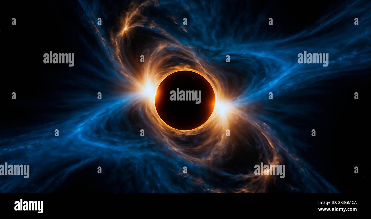 Schwarzes Loch, Abbildung. Ein schwarzes Loch entsteht, wenn der Kern eines Sterns unter seinem eigenen Gewicht zusammenbricht. Dadurch vergrößert sich das Gravitationsfeld bis zu dem Punkt, an dem über eine als Ereignishorizont bezeichnete Grenze hinaus nichts, nicht einmal Licht, entweichen kann. Nur ausreichend massereiche Sterne bilden Schwarze Löcher, wenn sie den Brennstoff verbraucht haben, der ihre nuklearen Explosionen unterstützt hat. Stockfoto