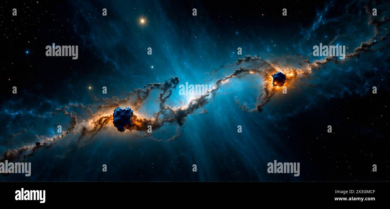 Bildung des Planetensystems. Illustration einer protoplanetaren Scheibe um einen jungen Stern. Protoplanetare Scheiben sind komprimierte Kreise, Spiralen oder Ellipsen aus Gas und Staub, die sich in den frühen Stadien ihrer Entwicklung um Protosterne bilden. Staub in einer Scheibe koalesziert sich zu Planetesimalen, die mit zusätzlichem Material Planeten bilden können. Stockfoto