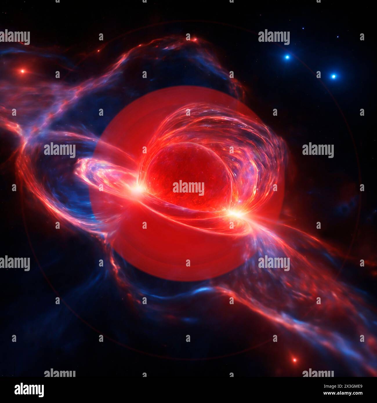 Thorne-Zytkow-Objekt (ZTO), Abbildung. Dies ist ein hypothetischer Stern, der entsteht, wenn ein Neutronenstern und ein roter Riesenstern kollidieren und verschmelzen. Der Neutronenstern bildet den Kern des ZTO. Stockfoto