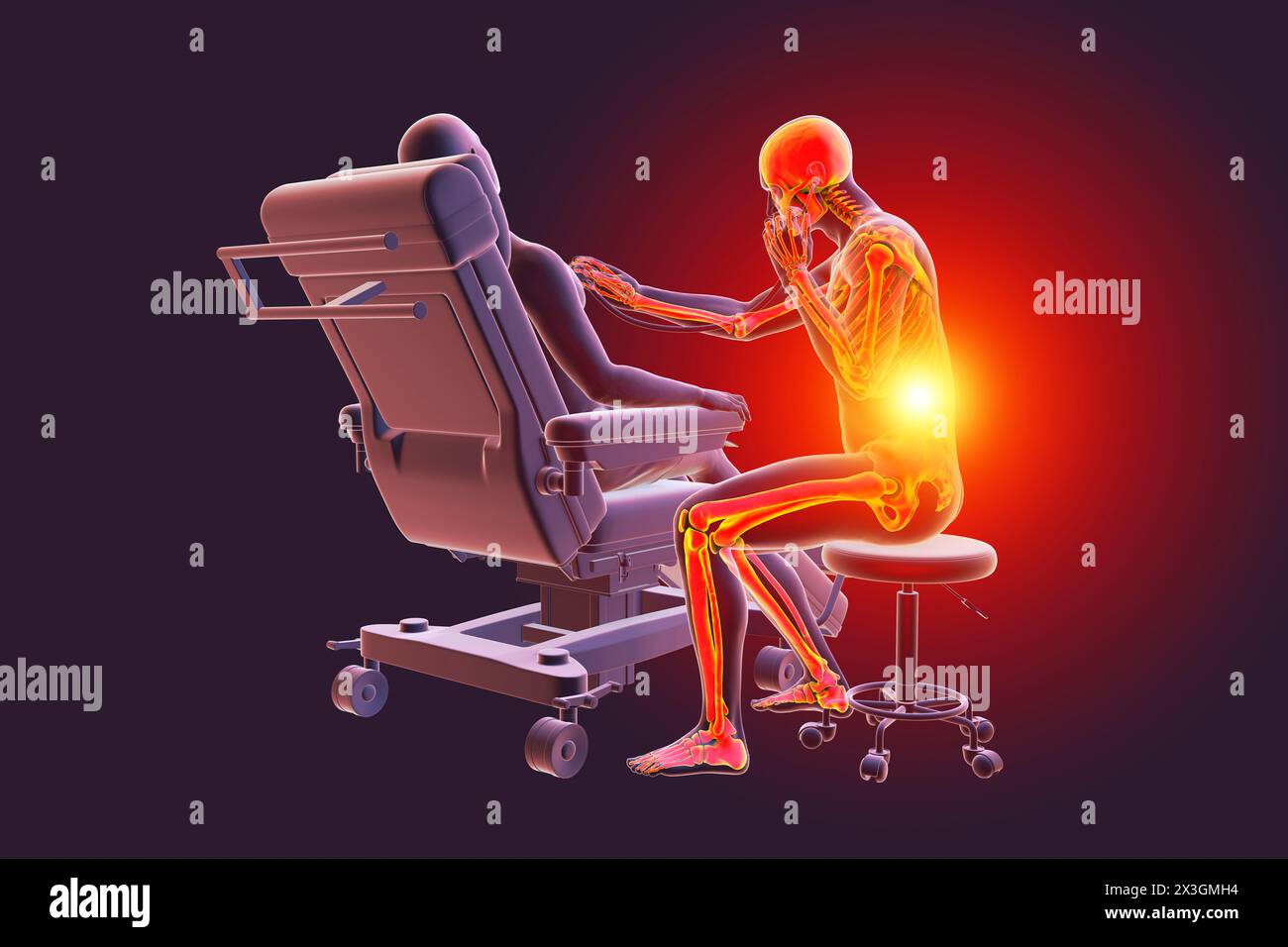 Illustration, die Arbeitsgefahren im Gesundheitswesen symbolisiert, zeigt ein medizinisches Fachpersonal, das Rückenschmerzen erlebt. Stockfoto