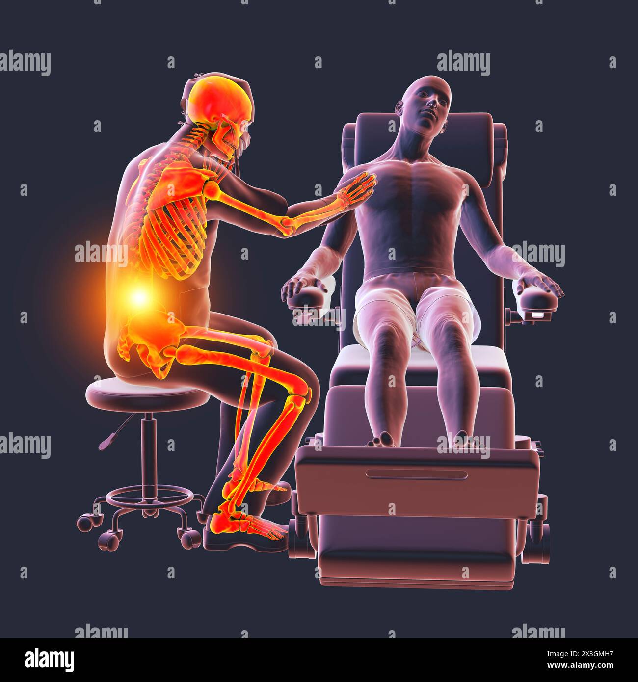Illustration, die Arbeitsgefahren im Gesundheitswesen symbolisiert, zeigt ein medizinisches Fachpersonal, das Rückenschmerzen erlebt. Stockfoto