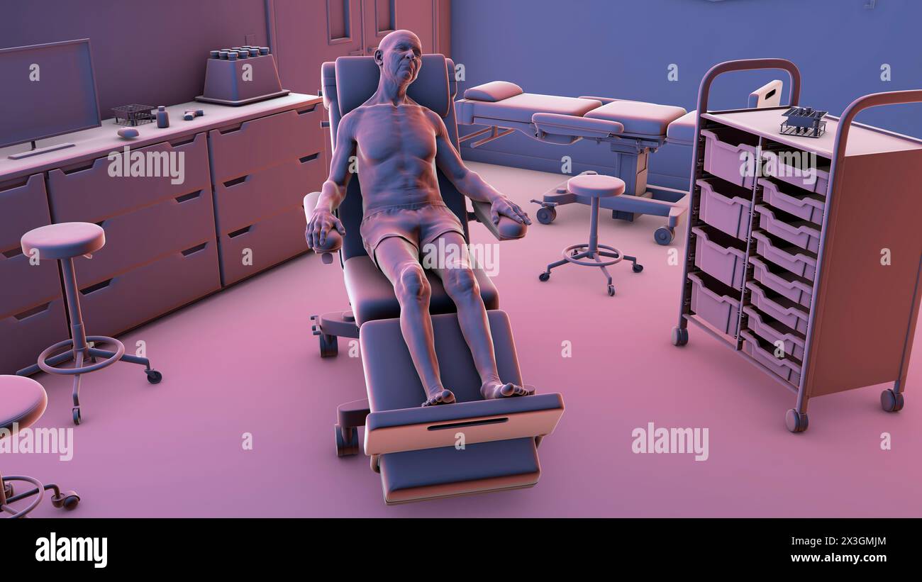 Illustration eines Patienten auf einem medizinischen Liegesessel in einem Krankenhausaufnahmezimmer als Symbol für Mobilität und Transport im Gesundheitswesen in einem klinischen Umfeld. Stockfoto