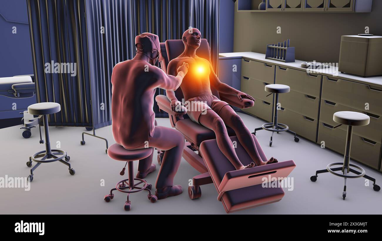 Abbildung eines männlichen Patienten auf einem medizinischen Lehnstuhl, der Herzschmerzen in einem Krankenhausaufnahmezimmer erfährt, symbolisiert die Belastung durch kardiovaskuläre Zustände. Stockfoto