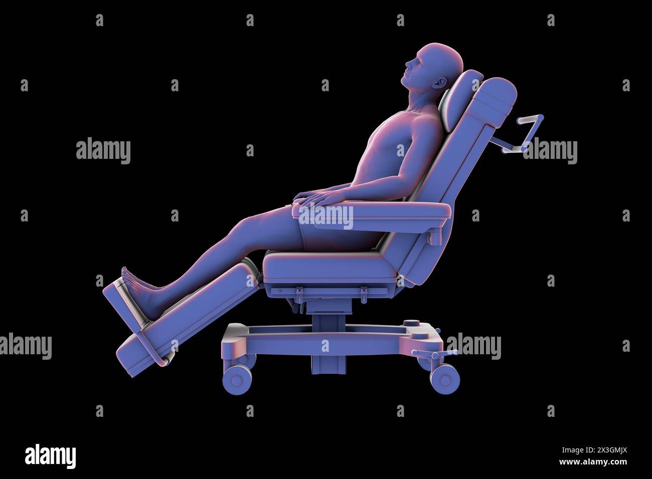 Abbildung eines Patienten auf einem medizinischen Lehnstuhl als Symbol für die Mobilität und den Transport des Patienten in einer klinischen Umgebung. Stockfoto