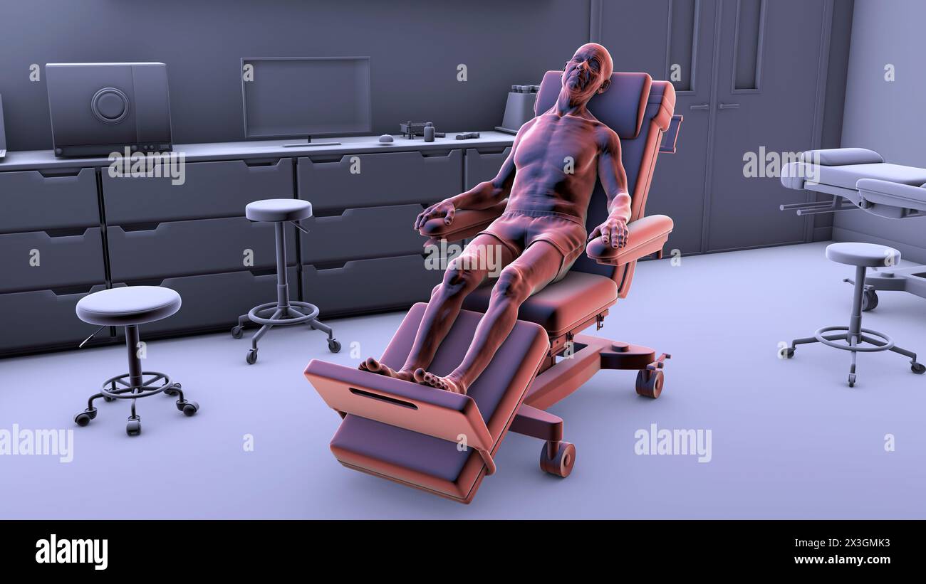 Illustration eines Patienten auf einem medizinischen Liegesessel in einem Krankenhausaufnahmezimmer als Symbol für Mobilität und Transport im Gesundheitswesen in einem klinischen Umfeld. Stockfoto