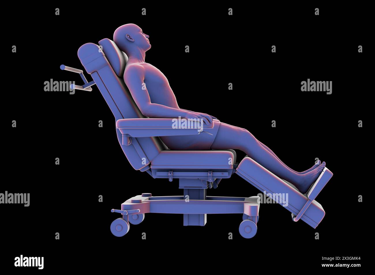 Abbildung eines Patienten auf einem medizinischen Lehnstuhl als Symbol für die Mobilität und den Transport des Patienten in einer klinischen Umgebung. Stockfoto