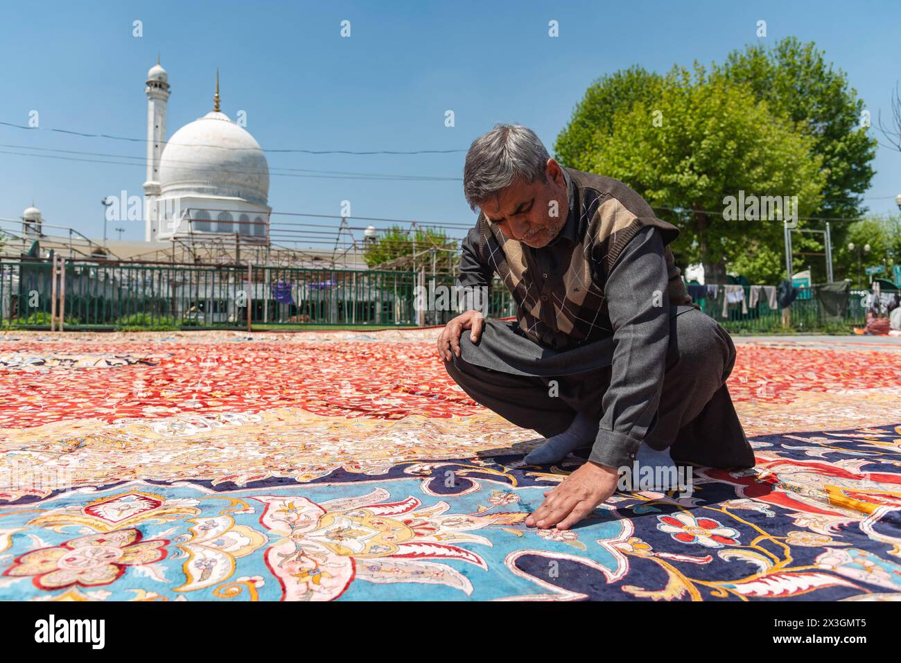 Fayaz Ahmad Shah, der Besitzer des größten Teppichs, werfen Sie einen Blick auf seinen Teppich, während er in der Sonne auf einem Pfad in der Nähe des Hazratbal-Schreins trocknet. Nachdem Srinagar als eine der kreativsten Städte weltweit geehrt wurde, bemühen sich Kaschmirs Handwerker, die Erwartungen dieses angesehenen Titels zu erfüllen. Im Dorf Wayil in der Region Kralpora im Norden Kaschmirs hat ein Team kaschmirischer Handwerker ein Meisterwerk enthüllt, das als Asiens größter handgefertigter Teppich gilt. Dieser handgeknüpfte Kaschmir-Teppich erstreckt sich über beeindruckende 72 Fuß x 40 Fuß und deckt eine riesige Fläche von 2.880 Quadratfuß ab. Es waren mehr als 25 Kunstwerke nötig Stockfoto