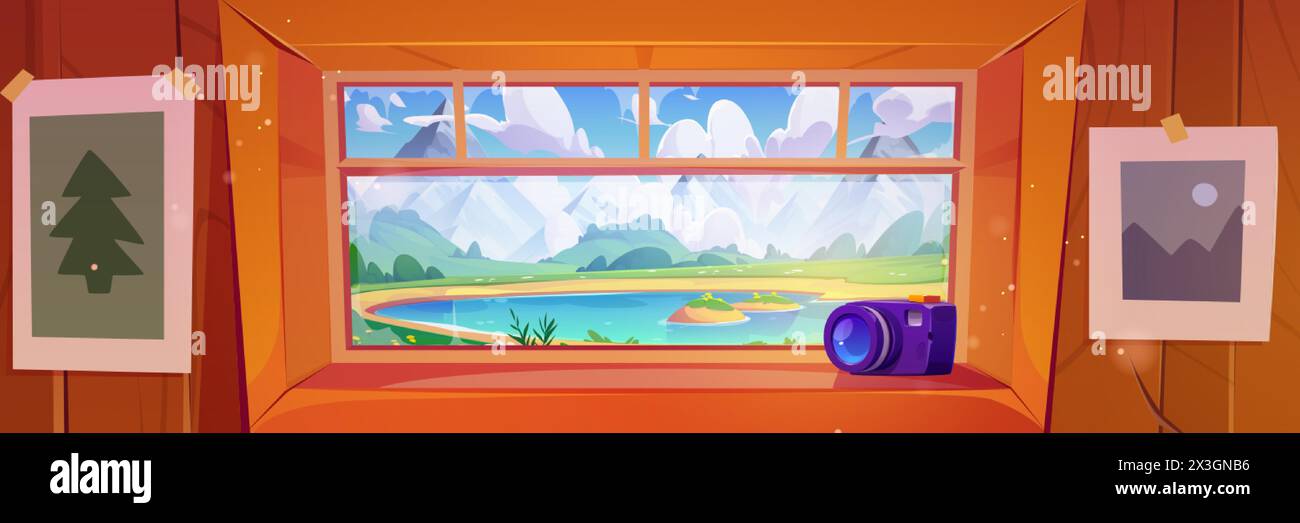 Blick auf den Bergsee vom Fenster des Chalets. Vektor-Karikaturillustration der Kamera auf Fensterbank, Landschaftsfotos an der Wand, schöne Sommer Natur außerhalb von Bu Stock Vektor