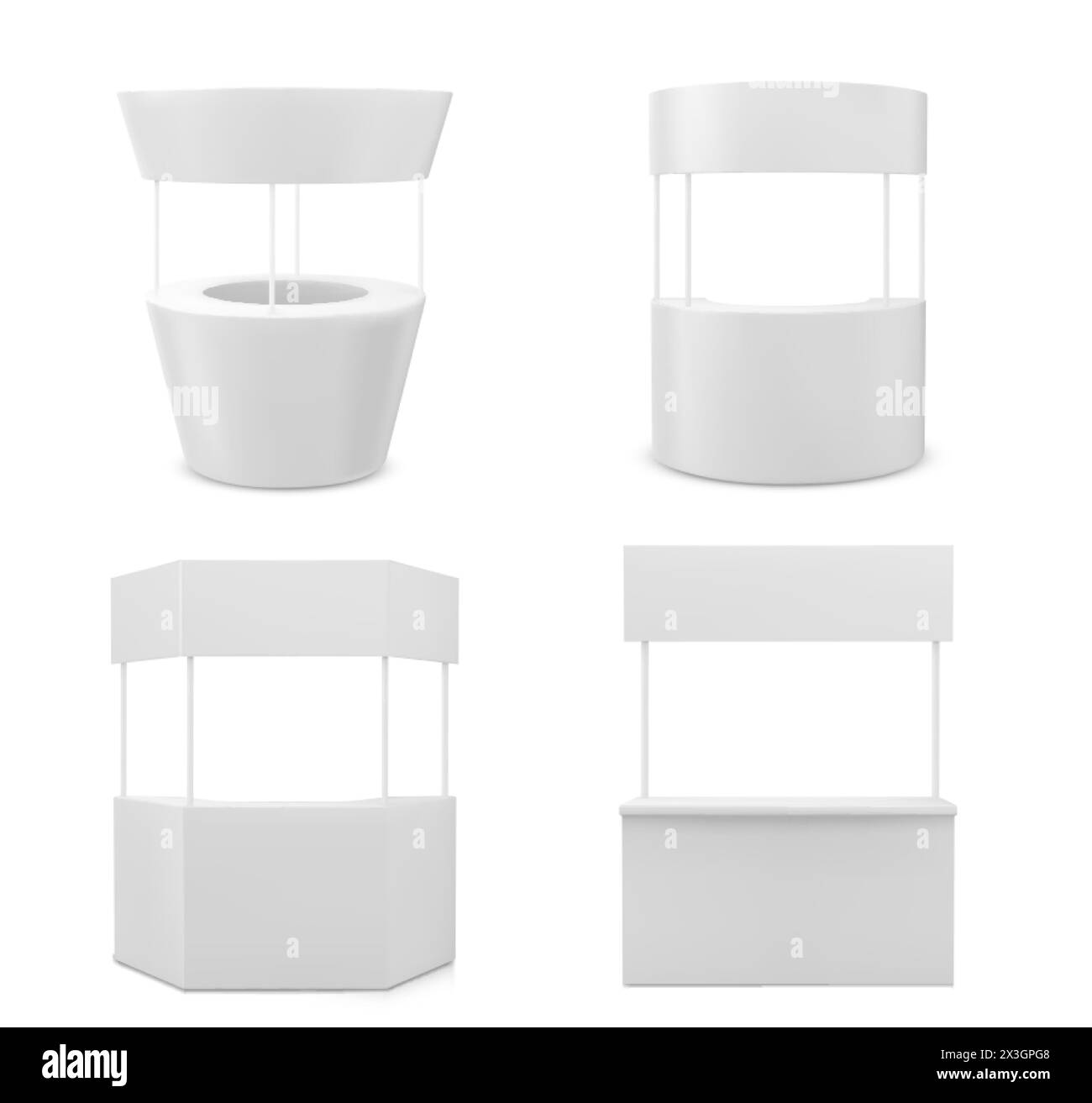 Werbe- und Promo-Stand. Realistische Vektor-Illustration Set des weißen leeren tragbaren Kioskmodells mit Schild. Leerer Einzelhandel, Promoter Stock Vektor