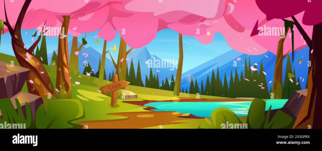 Bergsee im Frühling mit Sakura-Bäumen. Vektor-Karikaturillustration der schönen Landschaft mit blauem Wasser, rosa Kirschblütenblätter fliegen in der Luft, gr Stock Vektor