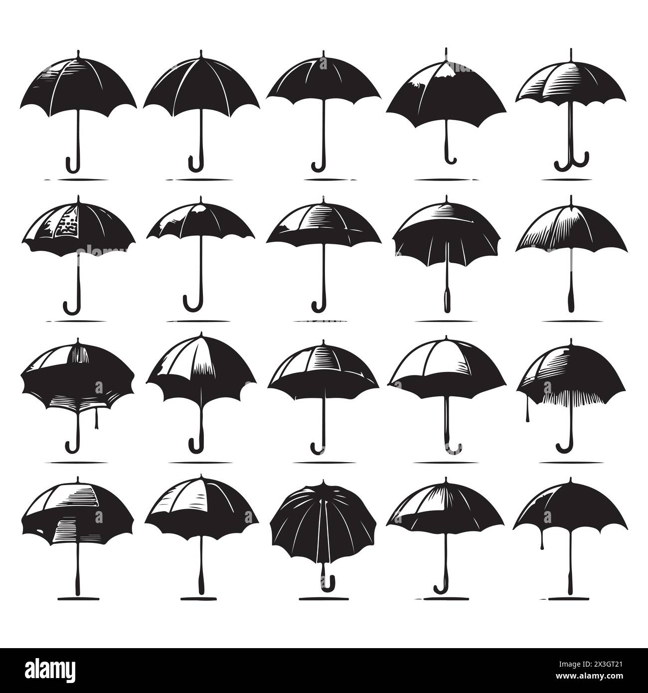 Schwarze Silhouette Set von verschiedenen Regenschirmen, Vektorillustration Stock Vektor