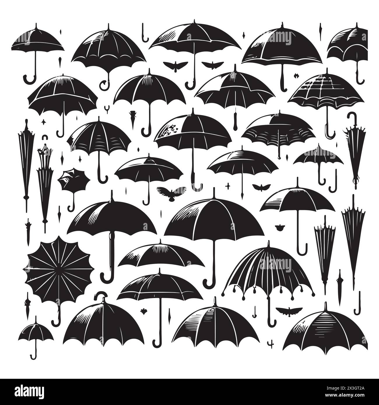 Schwarze Silhouette Set von verschiedenen Regenschirmen, Vektorillustration Stock Vektor
