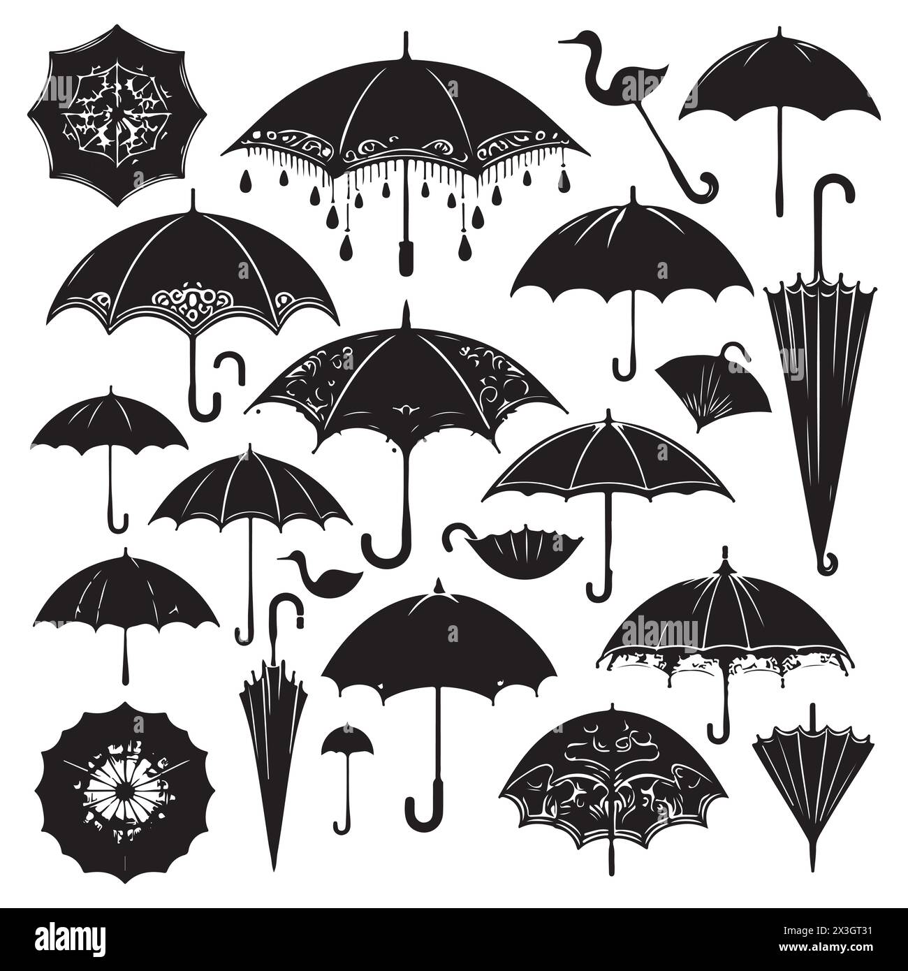 Schwarze Silhouette Set von verschiedenen Regenschirmen, Vektorillustration Stock Vektor