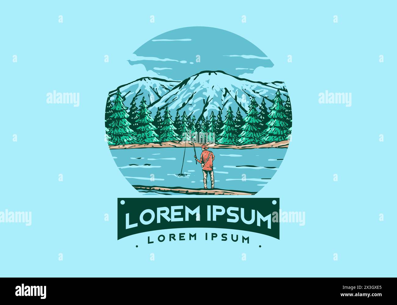 Vintage-Illustration-Abzeichen eines Mannes, der auf dem See mit Blick auf den Wald und die Berge fischt Stock Vektor